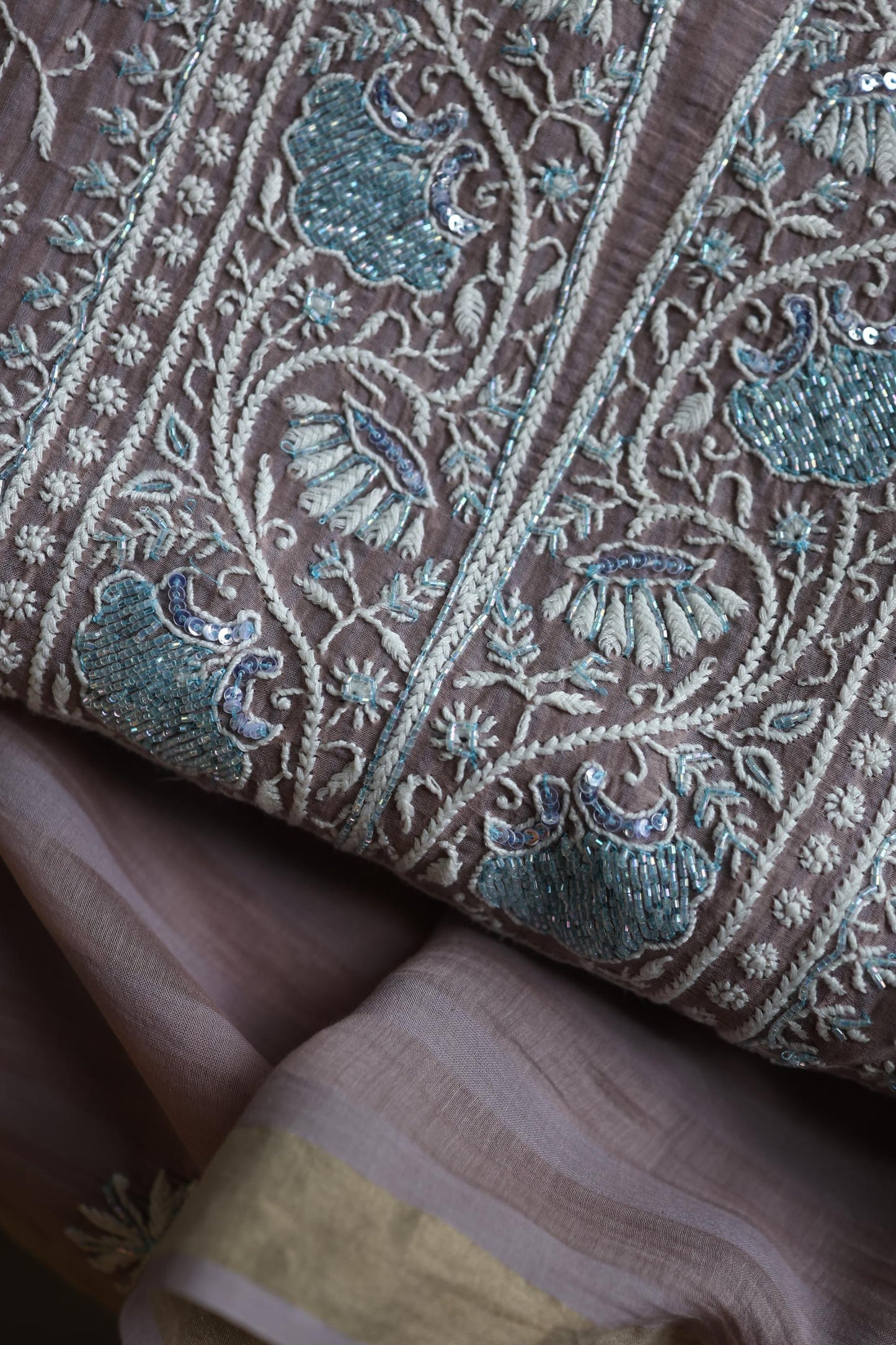 Old Lavender Shade Malmal Pearl Work Chikankari Fabric