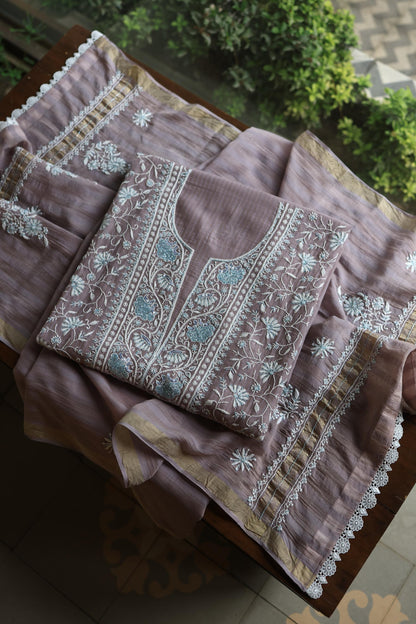 Old Lavender Shade Malmal Pearl Work Chikankari Fabric