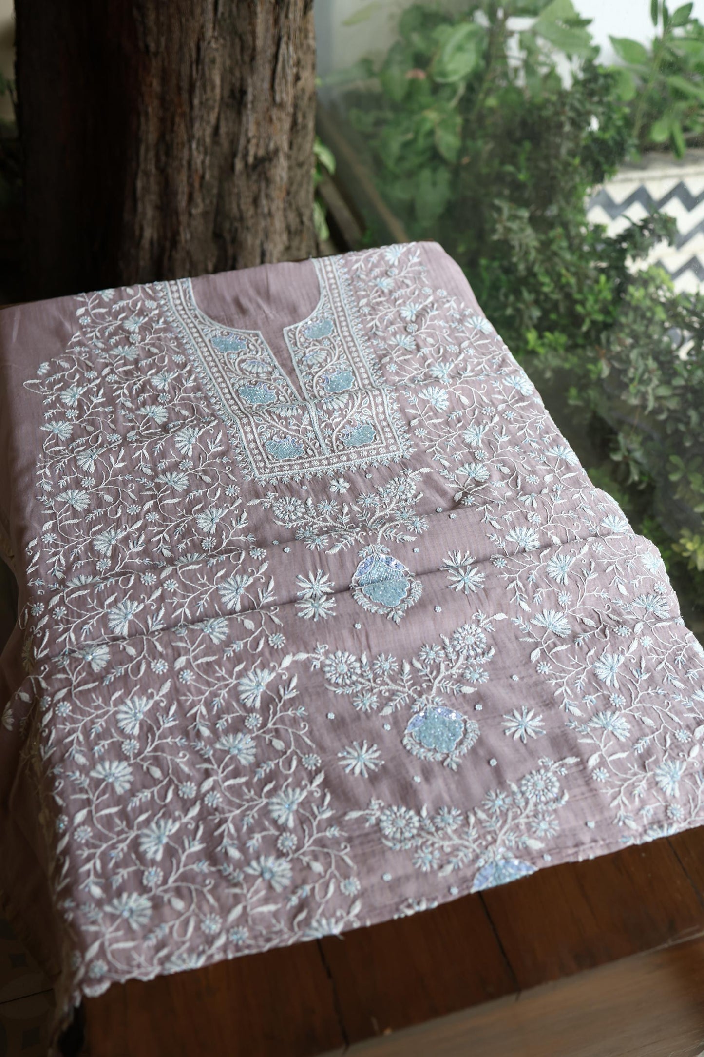 Old Lavender Shade Malmal Pearl Work Chikankari Fabric