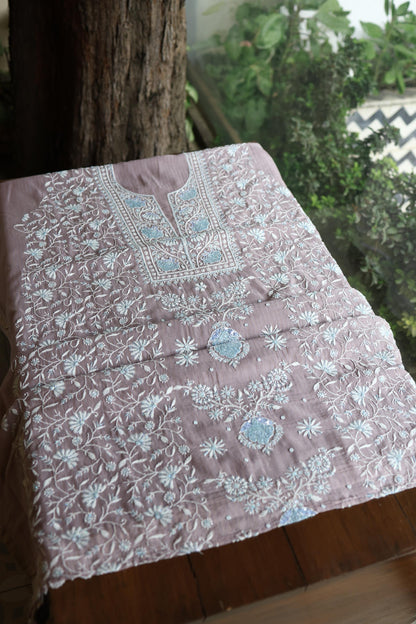 Old Lavender Shade Malmal Pearl Work Chikankari Fabric