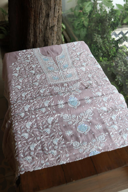 Old Lavender Shade Malmal Pearl Work Chikankari Fabric