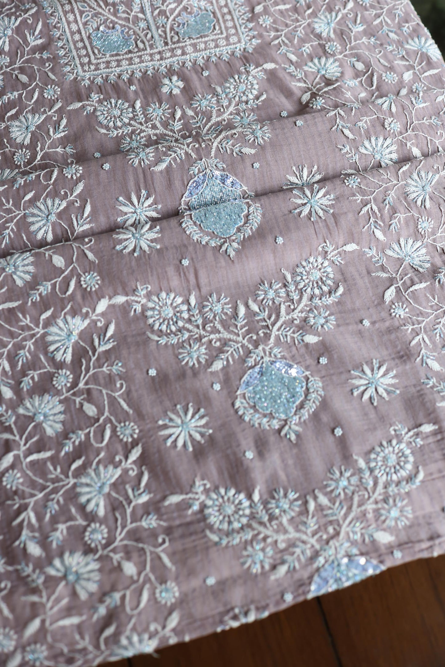 Old Lavender Shade Malmal Pearl Work Chikankari Fabric