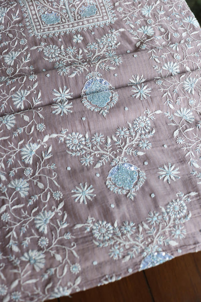 Old Lavender Shade Malmal Pearl Work Chikankari Fabric