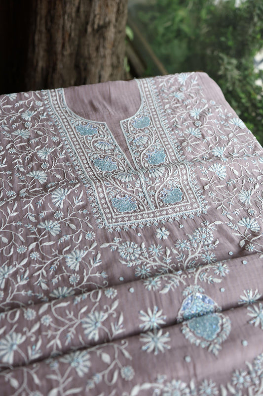 Old Lavender Shade Malmal Pearl Work Chikankari Fabric