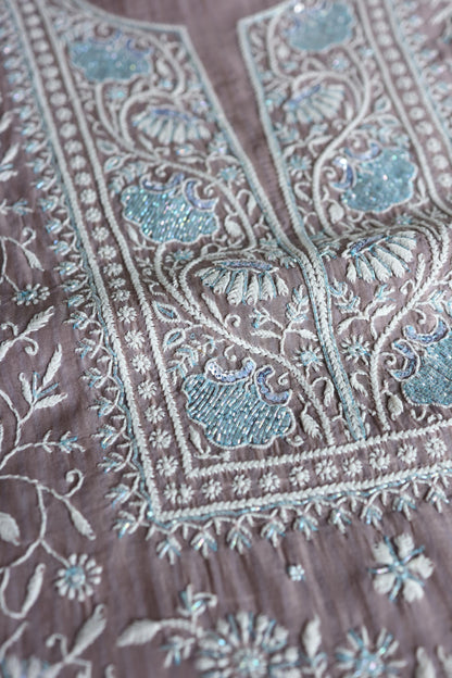 Old Lavender Shade Malmal Pearl Work Chikankari Fabric