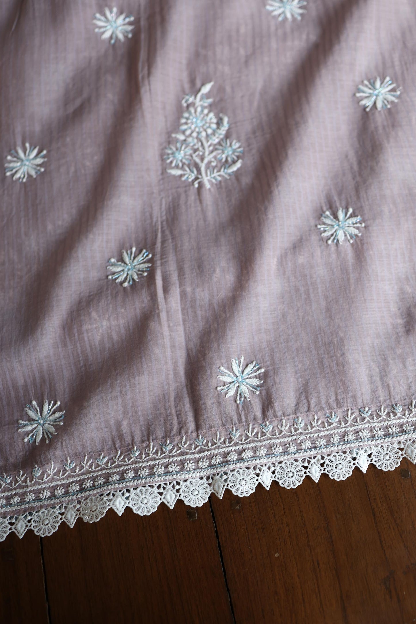 Old Lavender Shade Malmal Pearl Work Chikankari Fabric