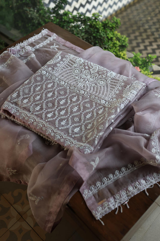 Old Lavender Shade Noor Banarasi Organza Chikankari Unstitched Fabric