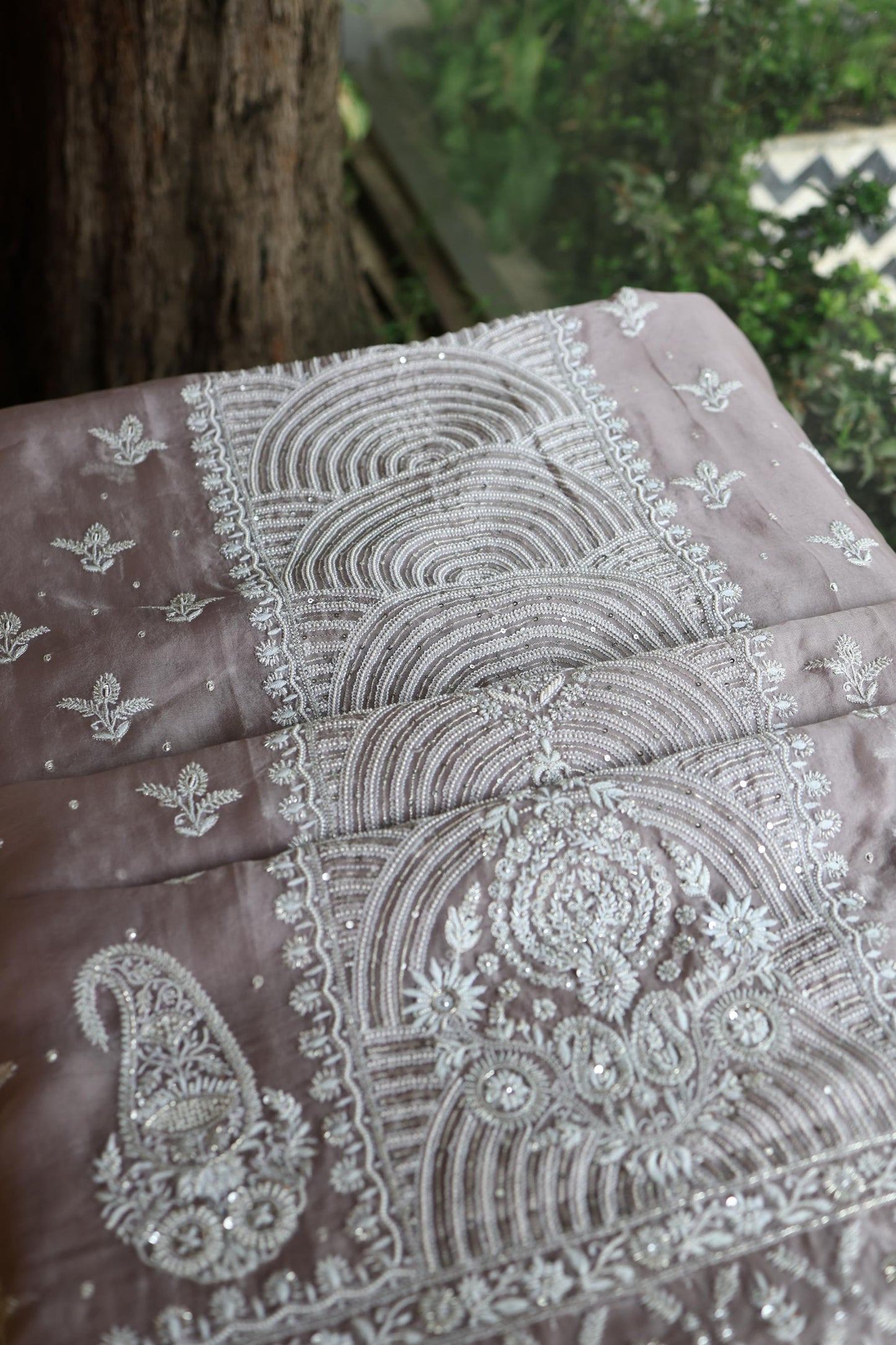 Old Lavender Shade Noor Banarasi Organza Chikankari Unstitched Fabric