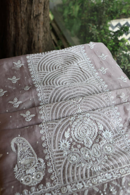 Old Lavender Shade Noor Banarasi Organza Chikankari Unstitched Fabric