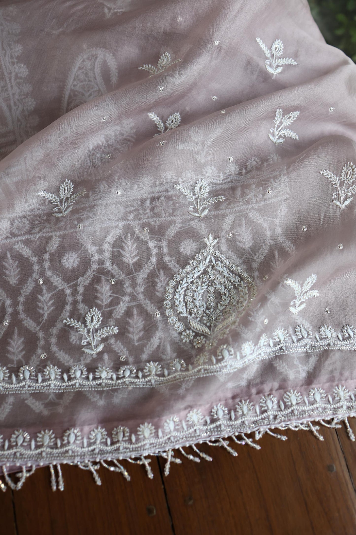 Old Lavender Shade Noor Banarasi Organza Chikankari Unstitched Fabric