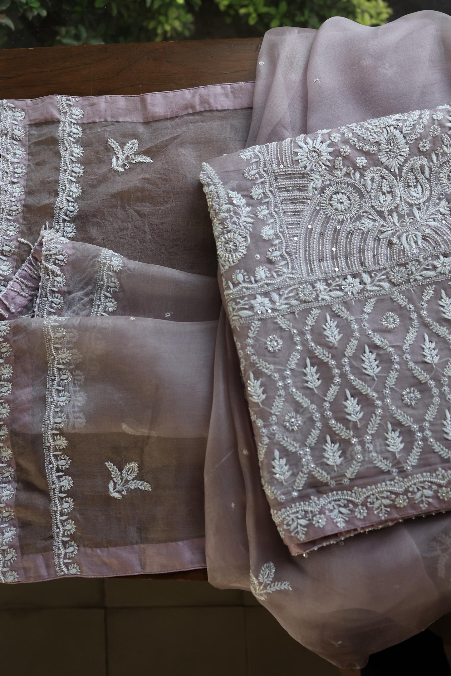 Old Lavender Shade Noor Banarasi Organza Chikankari Unstitched Fabric