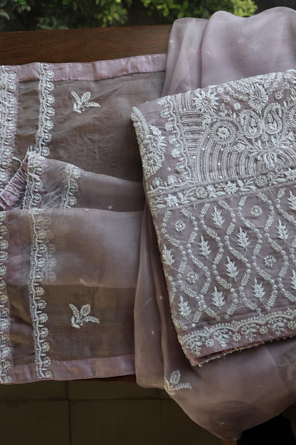 Old Lavender Shade Noor Banarasi Organza Chikankari Unstitched Fabric