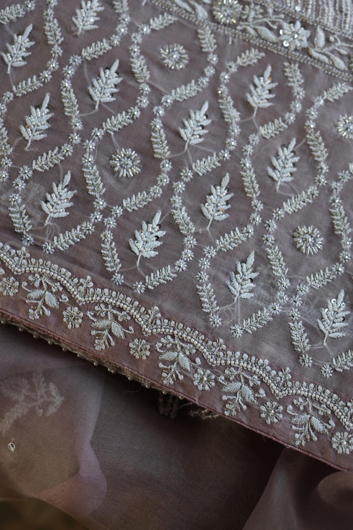 Old Lavender Shade Noor Banarasi Organza Chikankari Unstitched Fabric