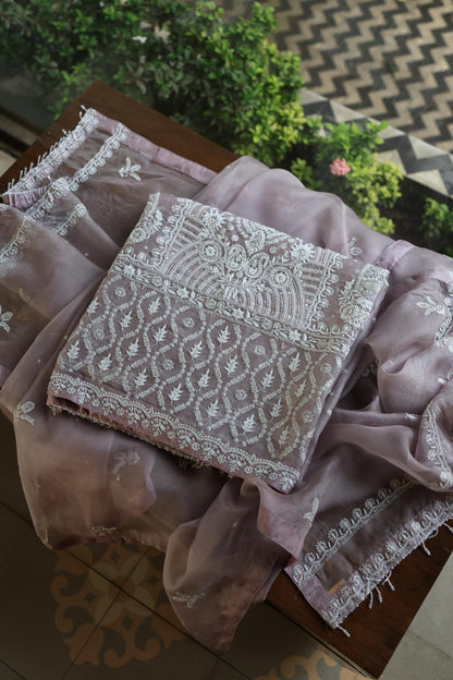 Old Lavender Shade Noor Banarasi Organza Chikankari Unstitched Fabric