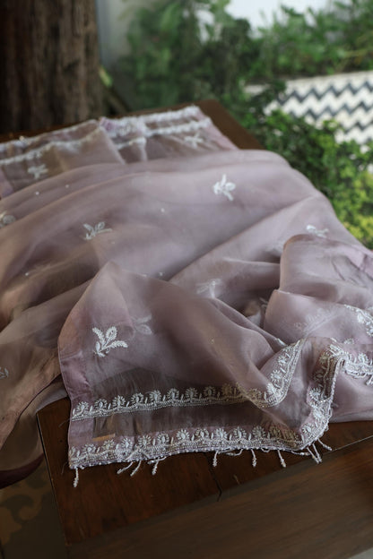 Old Lavender Shade Noor Banarasi Organza Chikankari Unstitched Fabric