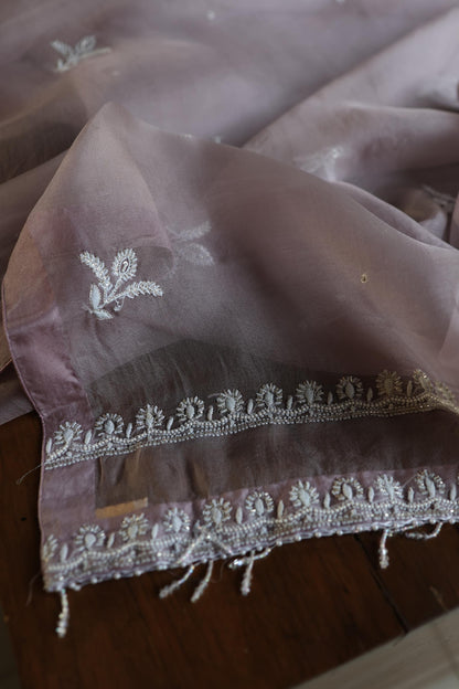 Old Lavender Shade Noor Banarasi Organza Chikankari Unstitched Fabric