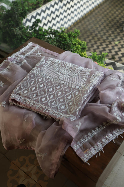 Old Lavender Shade Noor Banarasi Organza Chikankari Unstitched Fabric