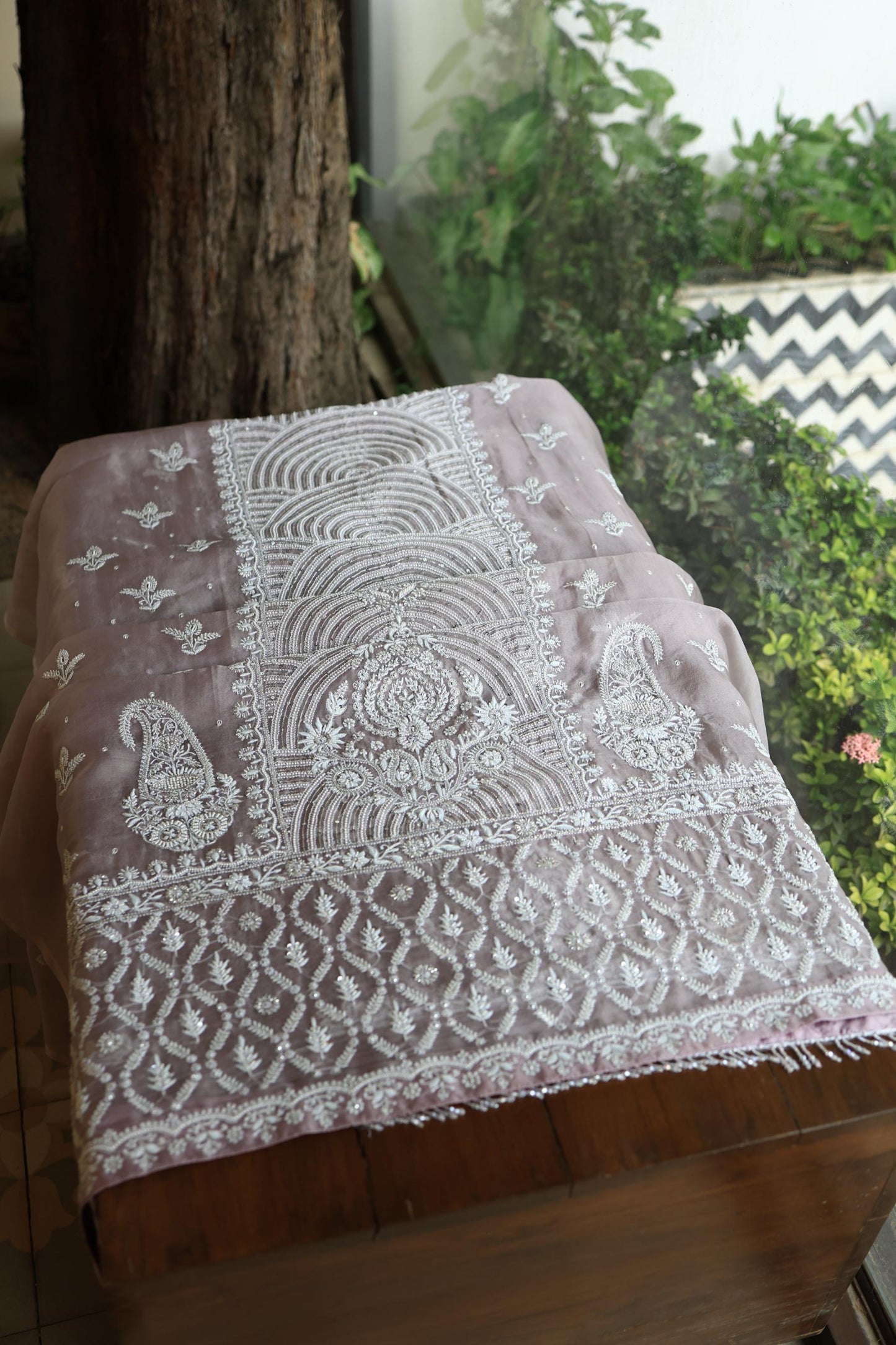 Old Lavender Shade Noor Banarasi Organza Chikankari Unstitched Fabric