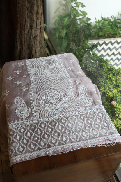 Old Lavender Shade Noor Banarasi Organza Chikankari Unstitched Fabric