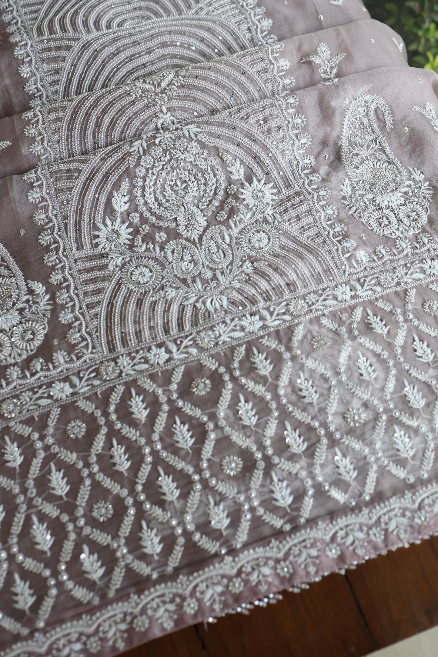 Old Lavender Shade Noor Banarasi Organza Chikankari Unstitched Fabric