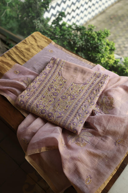 Old Lavender Shade Tissue Silk Chikankari Unstitched Fabric