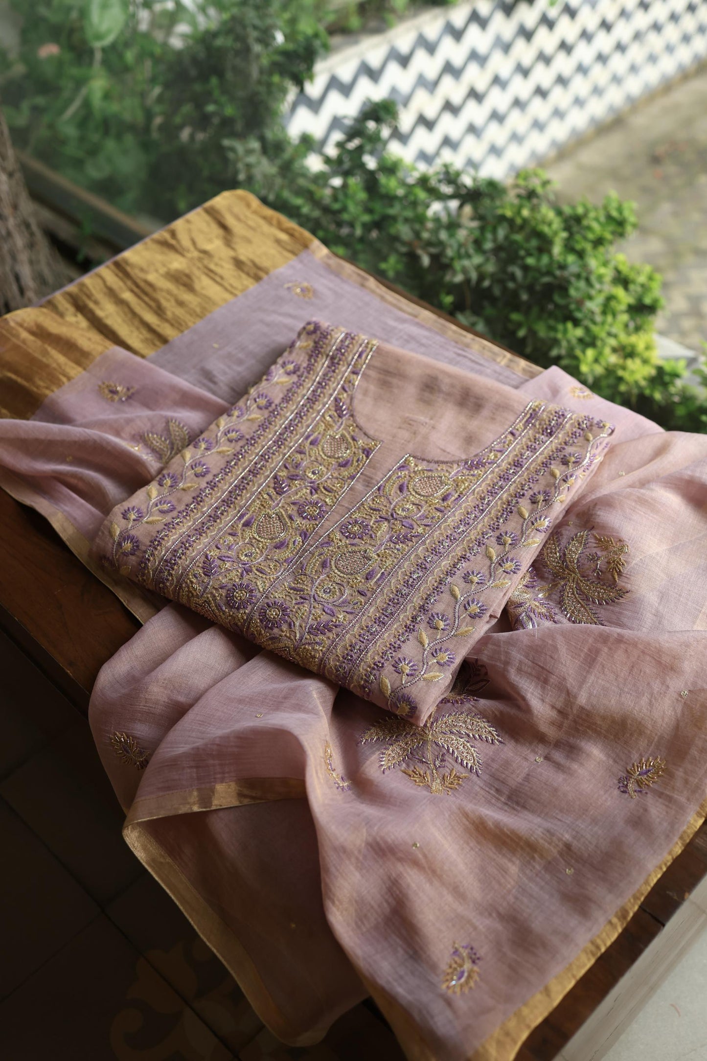 Old Lavender Shade Tissue Silk Chikankari Unstitched Fabric