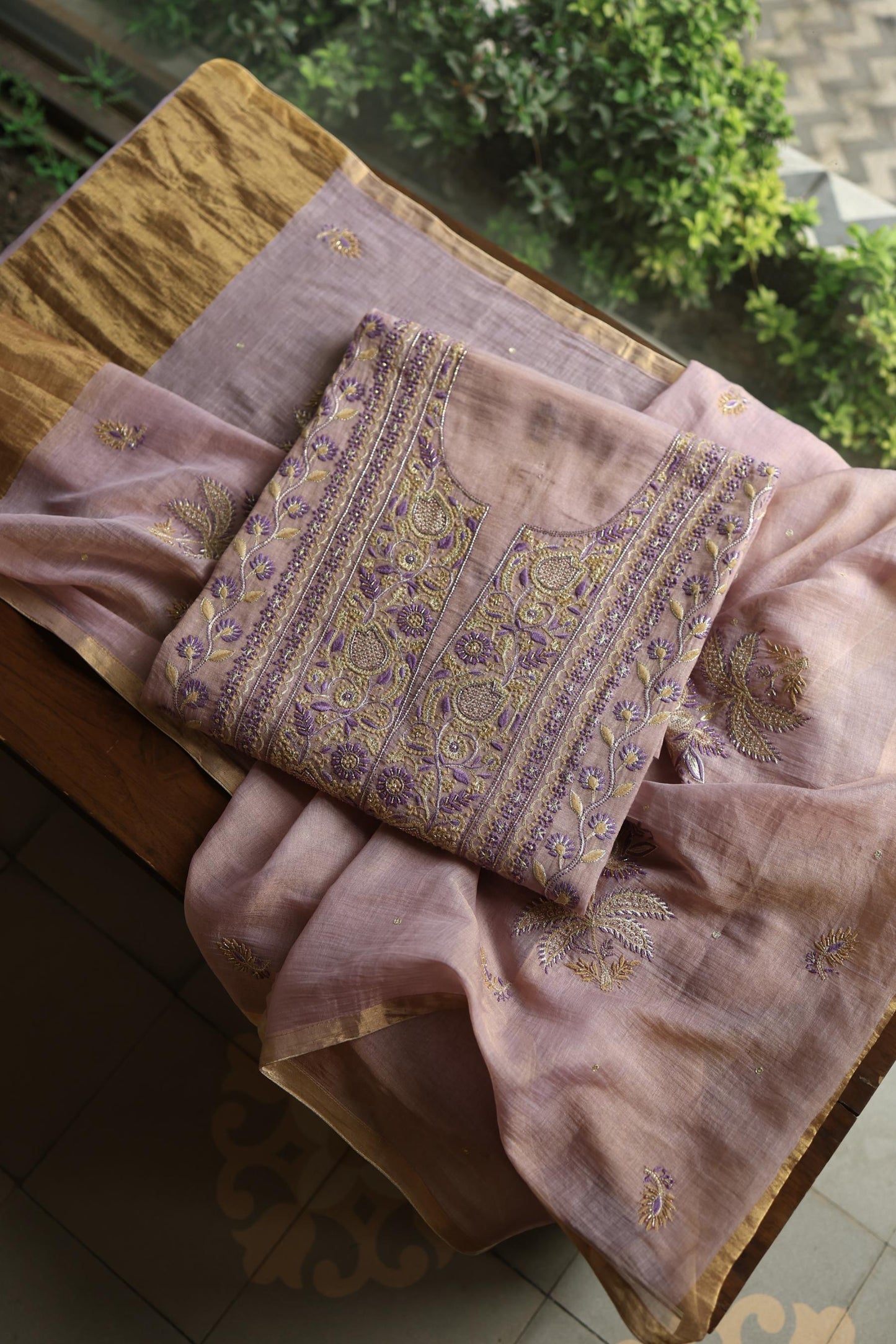 Old Lavender Shade Tissue Silk Chikankari Unstitched Fabric
