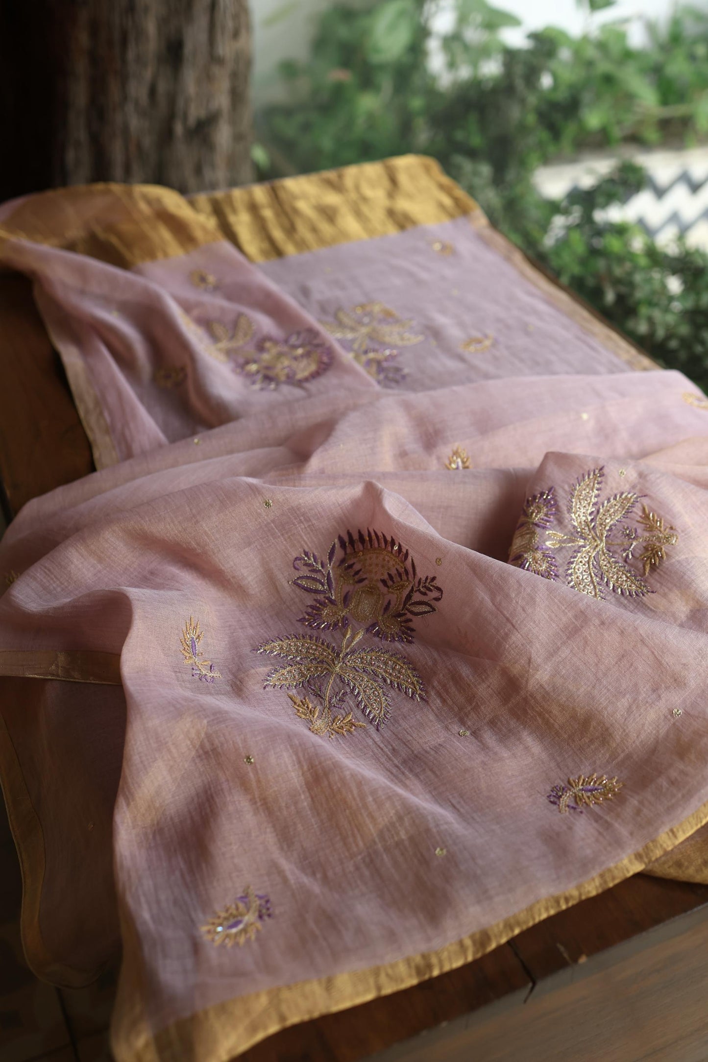 Old Lavender Shade Tissue Silk Chikankari Unstitched Fabric