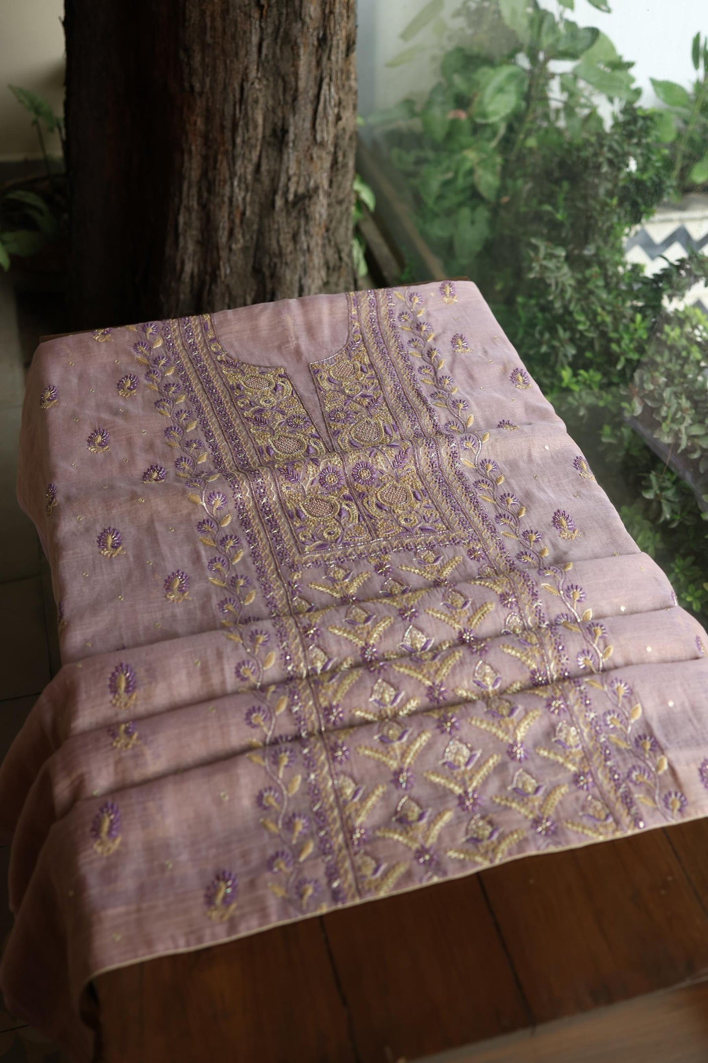 Old Lavender Shade Tissue Silk Chikankari Unstitched Fabric