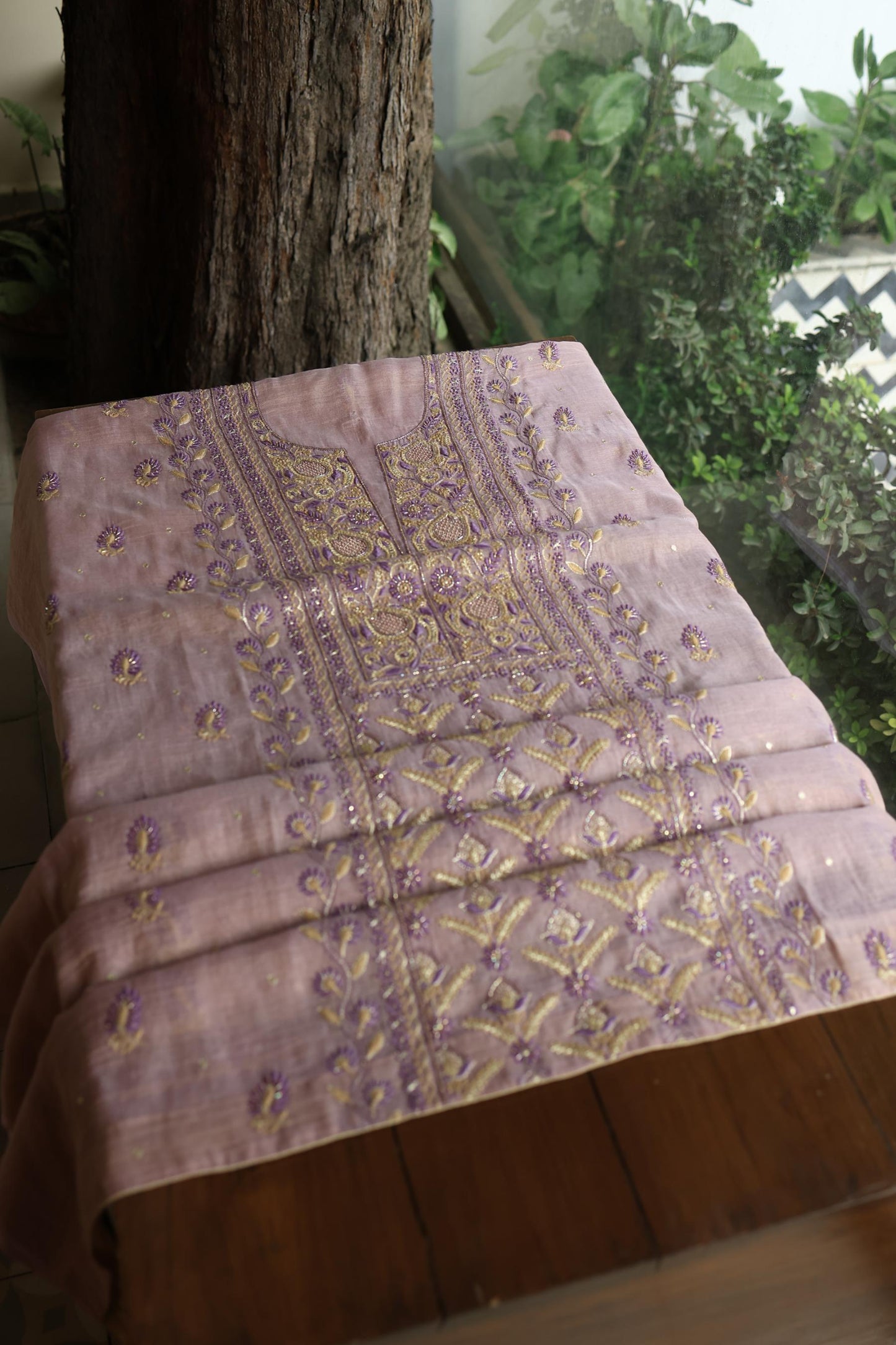 Old Lavender Shade Tissue Silk Chikankari Unstitched Fabric