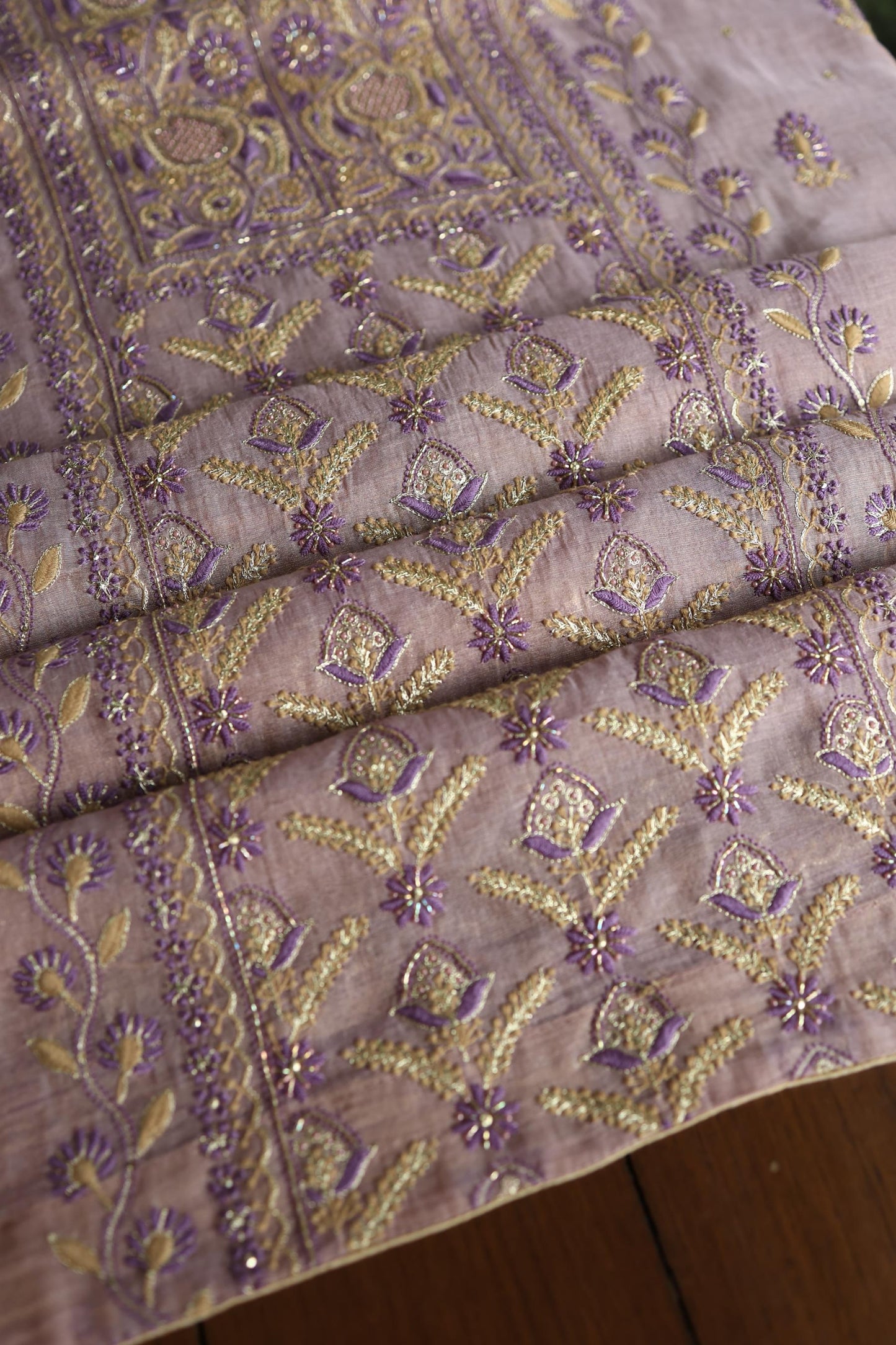 Old Lavender Shade Tissue Silk Chikankari Unstitched Fabric