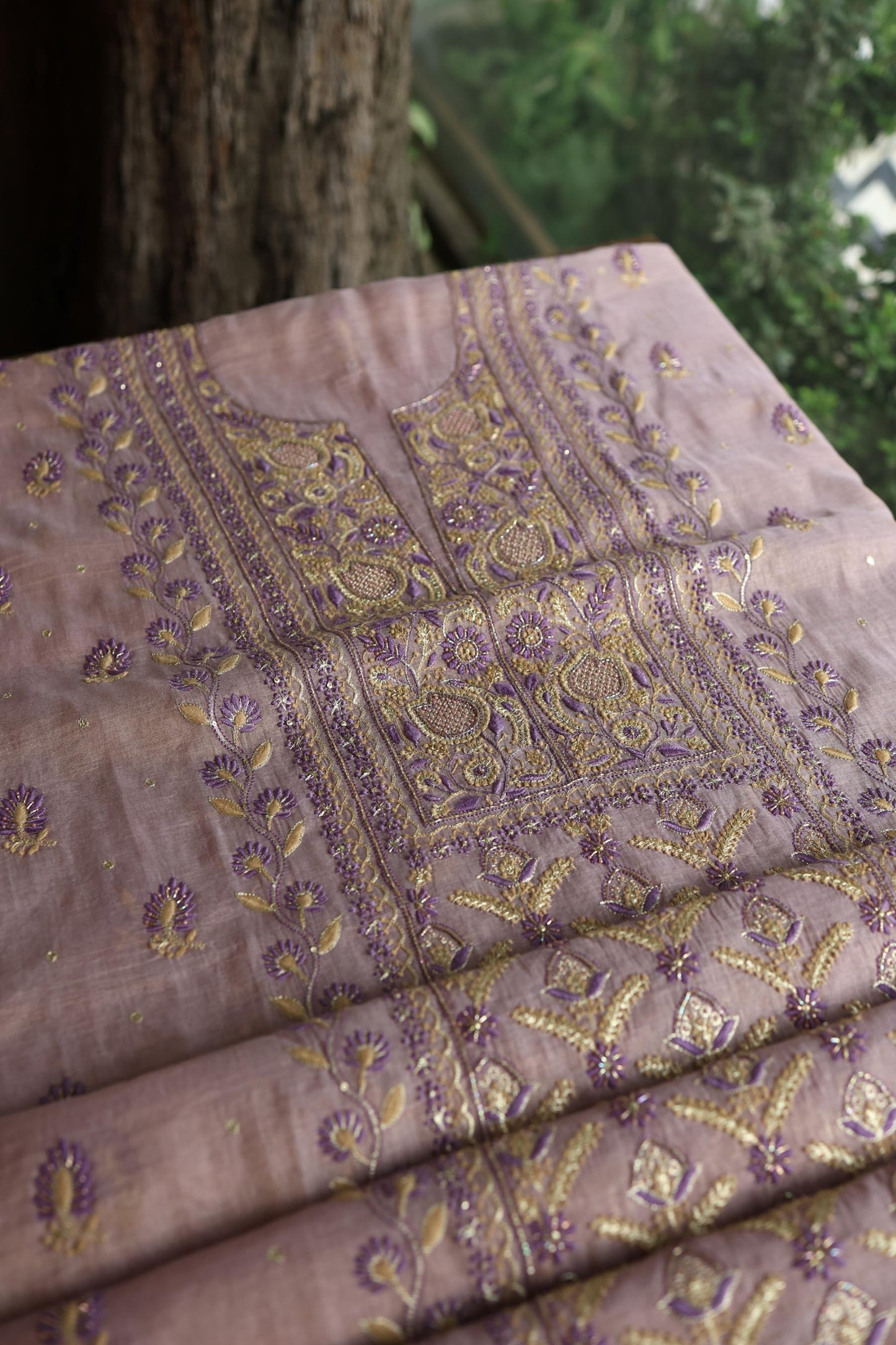 Old Lavender Shade Tissue Silk Chikankari Unstitched Fabric