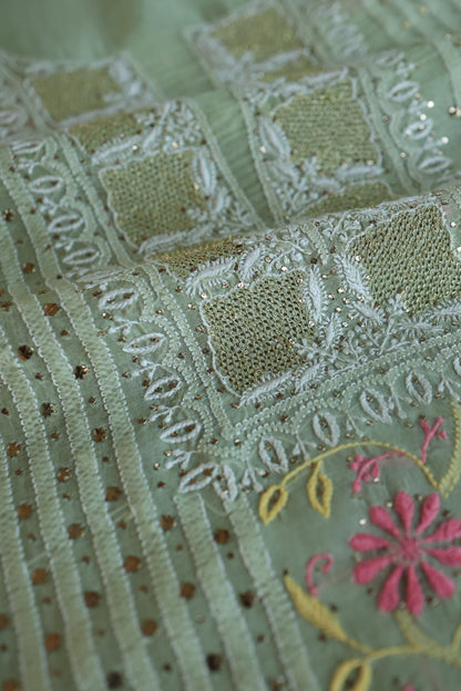 Olive Green Noor Organza Silk Chikankari With Mukaish Kamdani Fabric