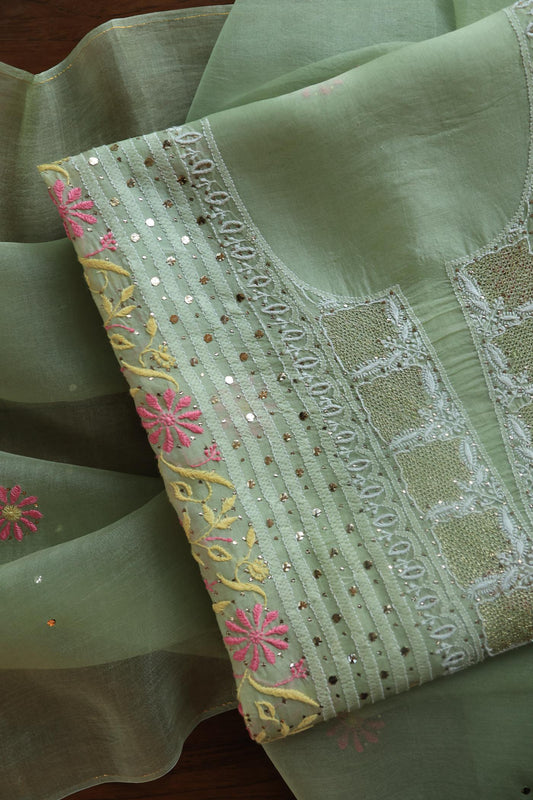 Olive Green Noor Organza Silk Chikankari With Mukaish Kamdani Fabric