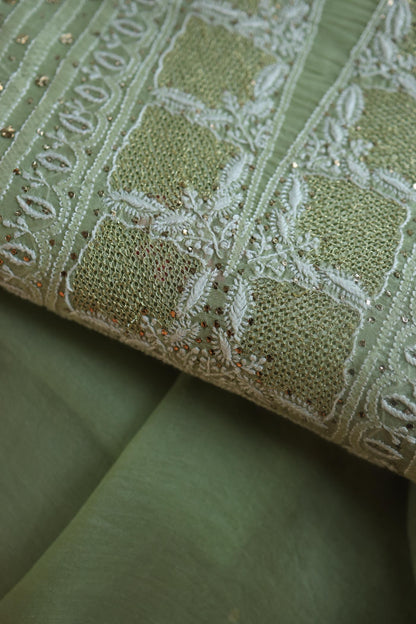 Olive Green Noor Organza Silk Chikankari With Mukaish Kamdani Fabric