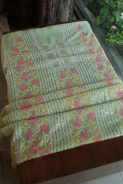 Olive Green Noor Organza Silk Chikankari With Mukaish Kamdani Fabric