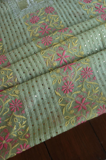 Olive Green Noor Organza Silk Chikankari With Mukaish Kamdani Fabric