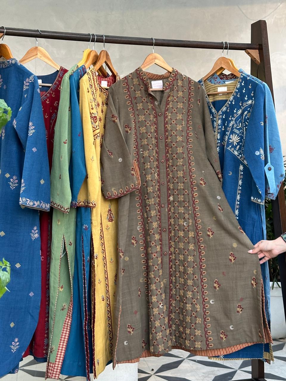 Olive Bloom Hand-Embroidered Malkha Tunic With Front Buttons