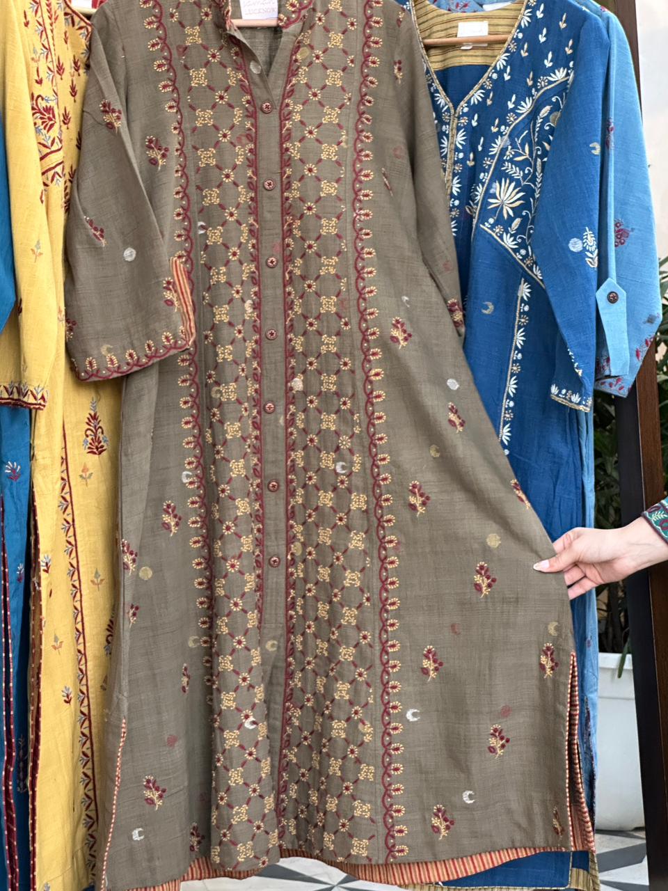 Olive Bloom Hand-Embroidered Malkha Tunic With Front Buttons