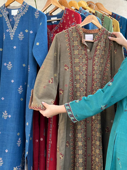 Olive Bloom Hand-Embroidered Malkha Tunic With Front Buttons