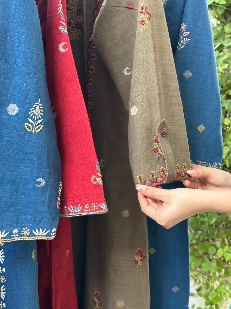 Olive Bloom Hand-Embroidered Malkha Tunic With Front Buttons