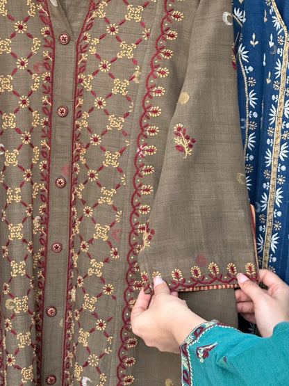 Olive Bloom Hand-Embroidered Malkha Tunic With Front Buttons