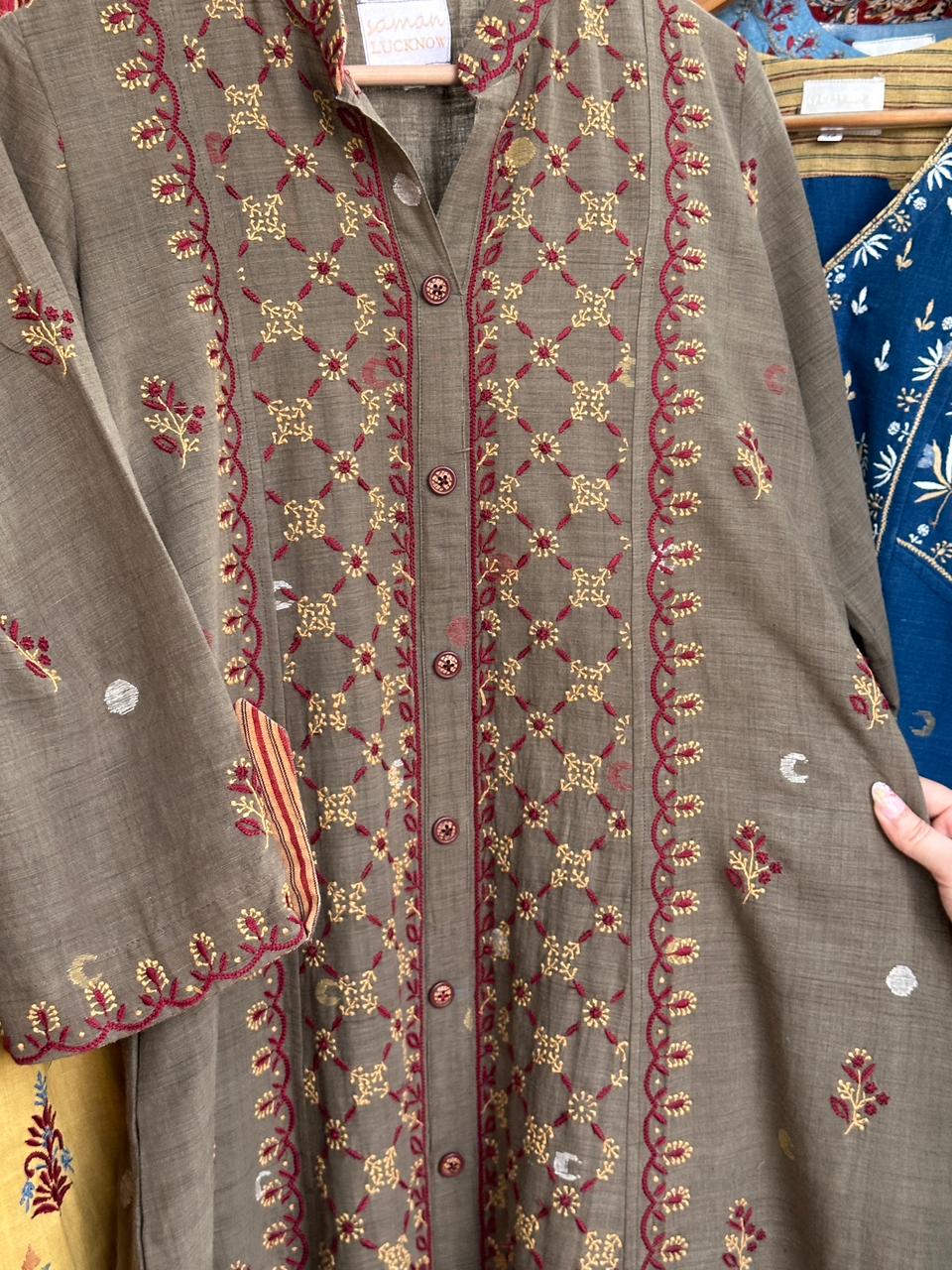 Olive Bloom Hand-Embroidered Malkha Tunic With Front Buttons