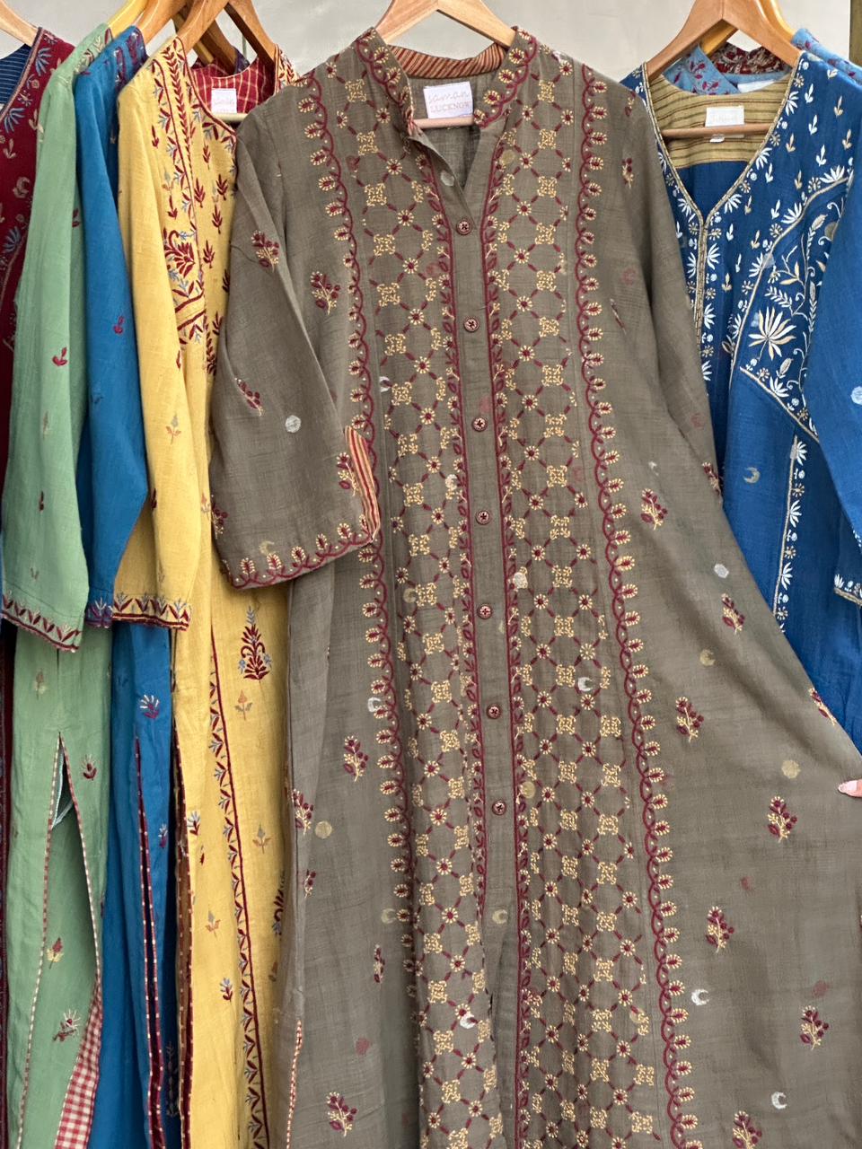 Olive Bloom Hand-Embroidered Malkha Tunic With Front Buttons