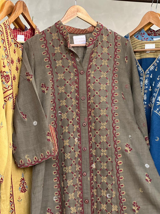 Olive Bloom Hand-Embroidered Malkha Tunic With Front Buttons