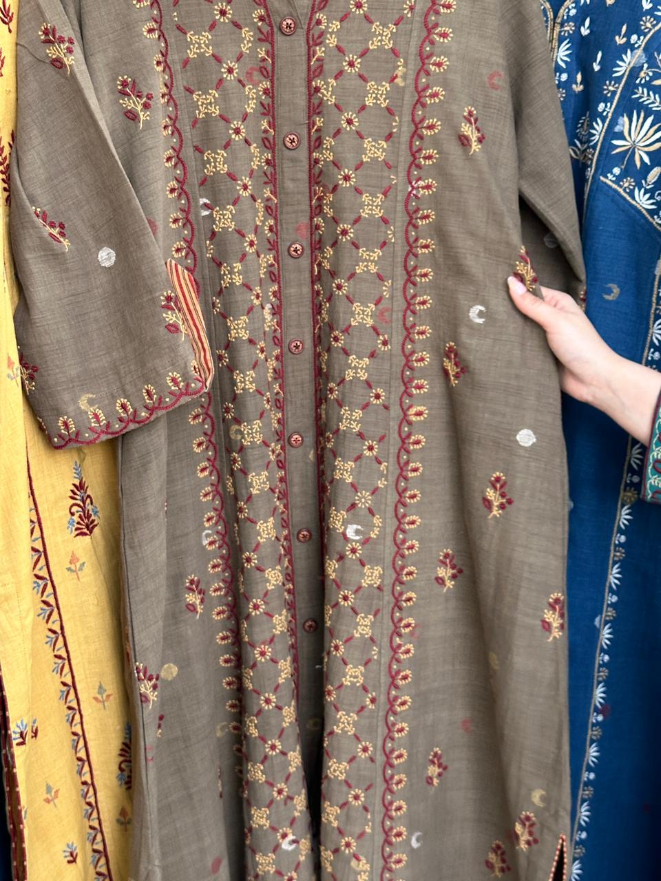 Olive Bloom Hand-Embroidered Malkha Tunic With Front Buttons