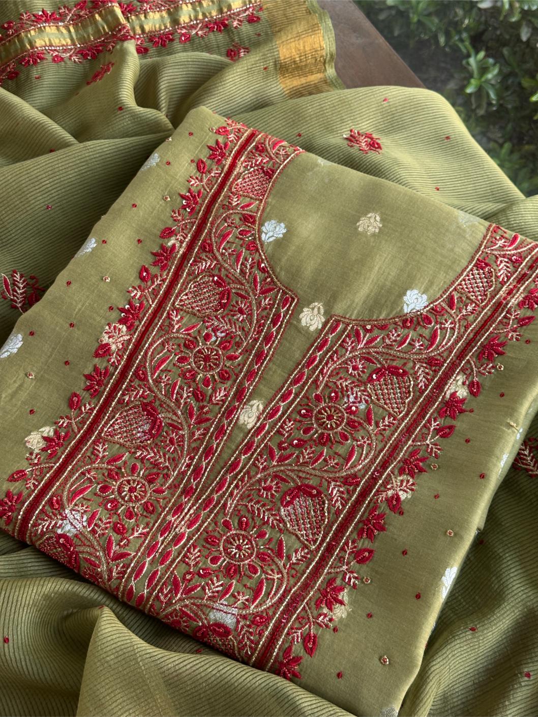 Olive Green Banarasi Zari Chanderi Unstitched Chikankari Fabric