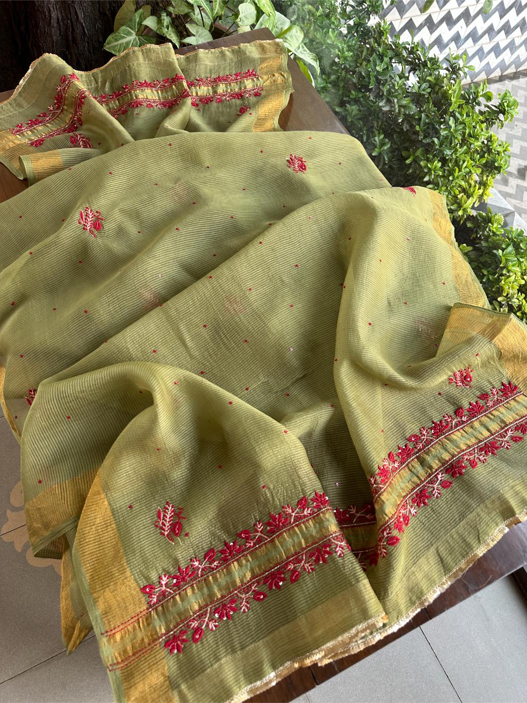 Olive Green Banarasi Zari Chanderi Unstitched Chikankari Fabric