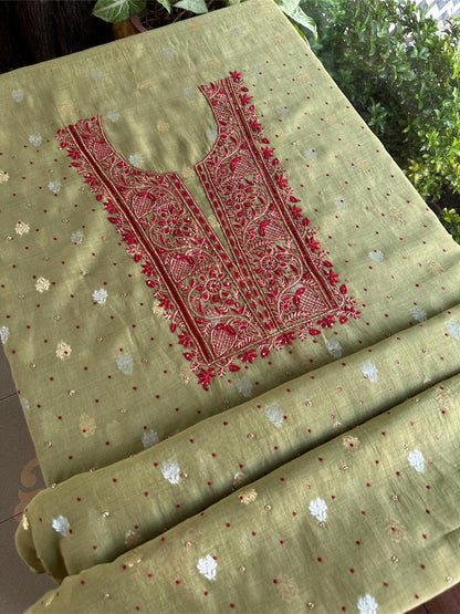 Olive Green Banarasi Zari Chanderi Unstitched Chikankari Fabric