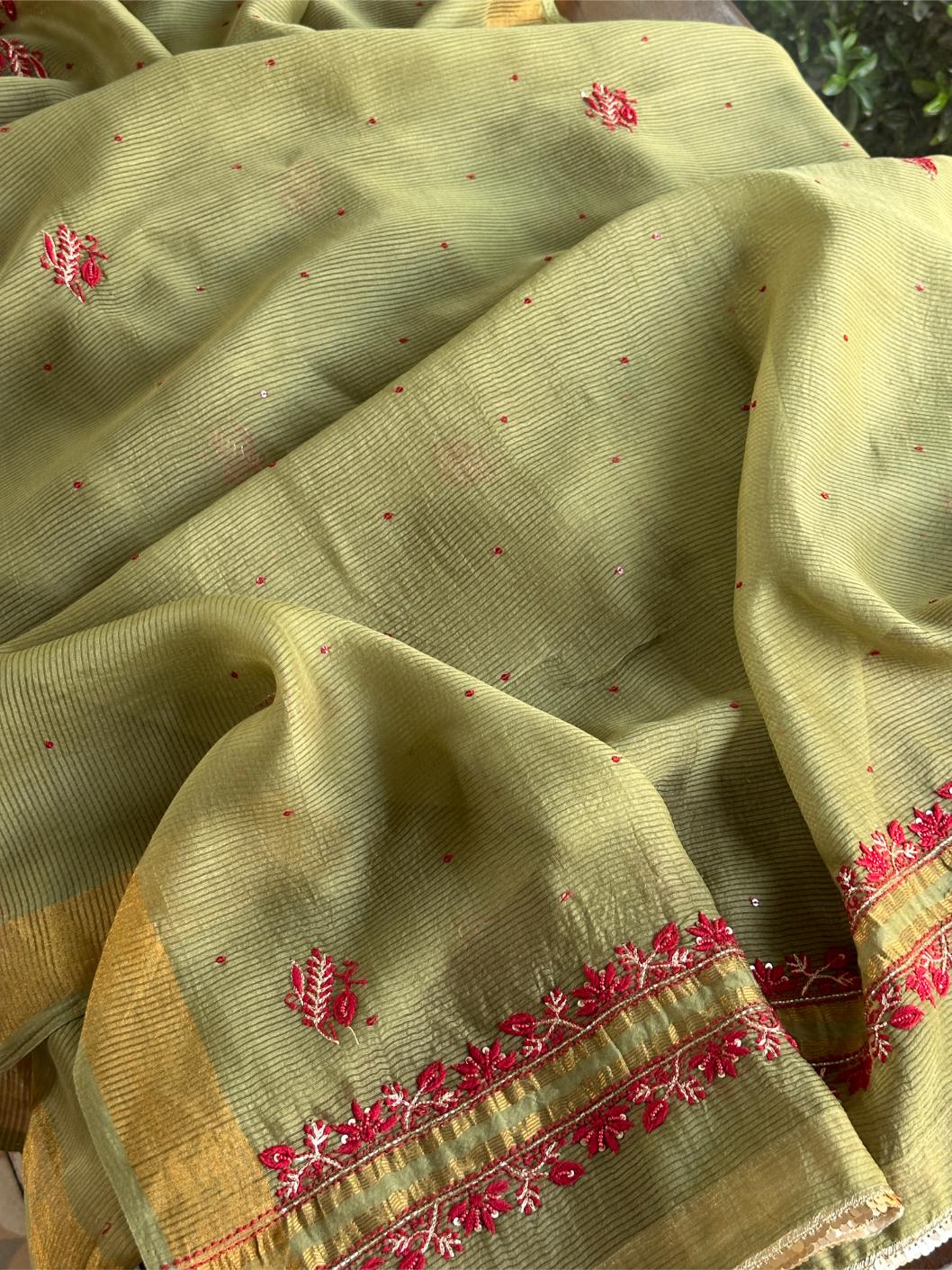 Olive Green Banarasi Zari Chanderi Unstitched Chikankari Fabric